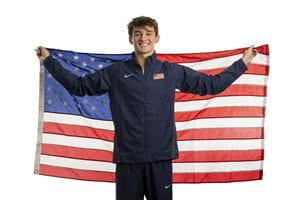 Tyler Downs, USA Diving, poses with American Flag in preparation for participation in 2020 Tokyo Olympics. 